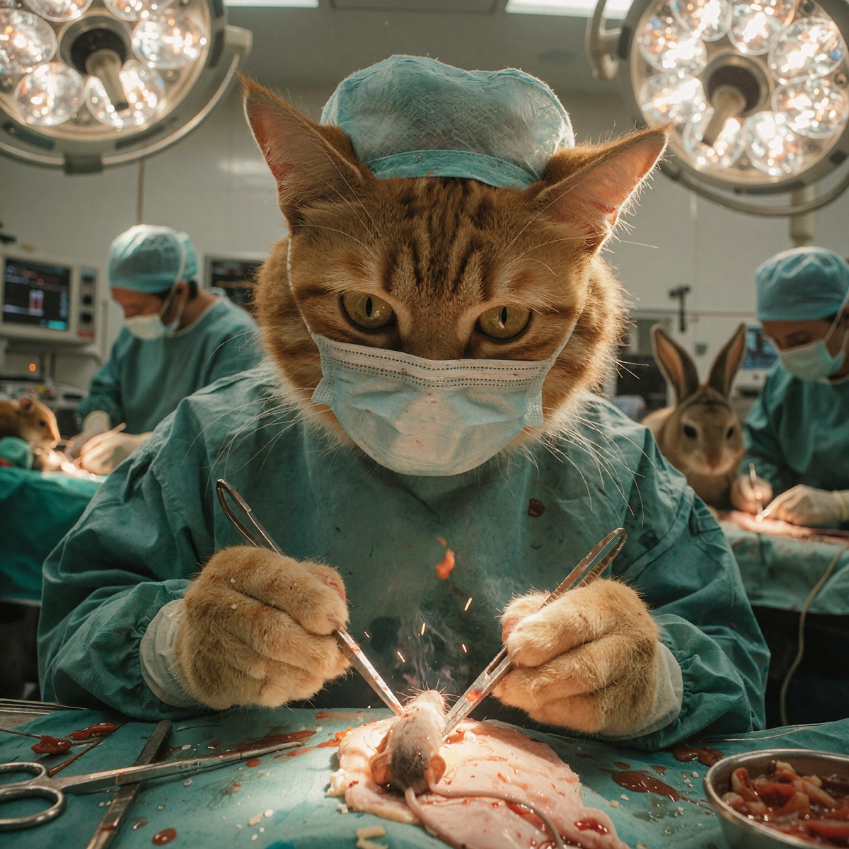 Tabby cat performing surgery