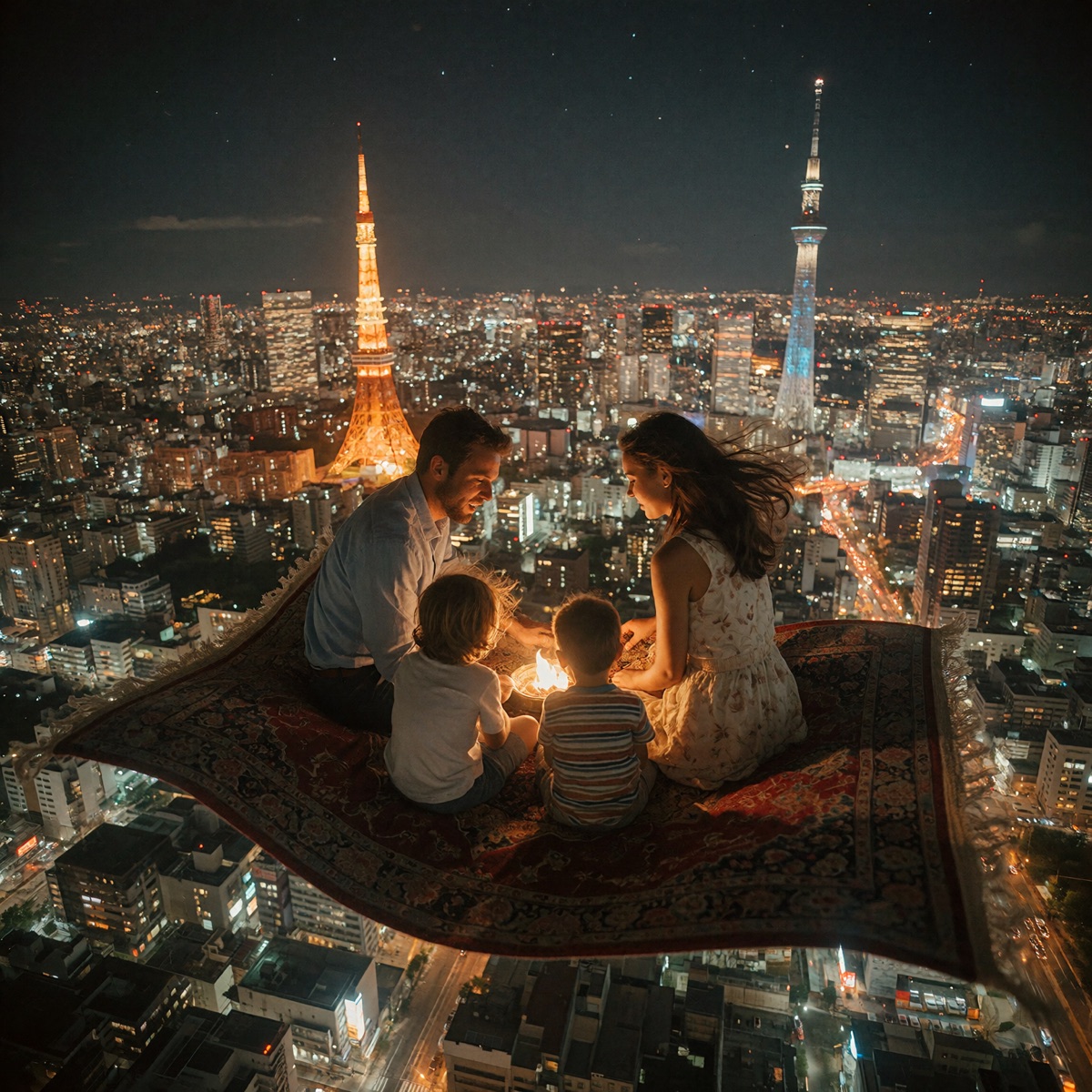 Family on a flying carpet over Tokyo