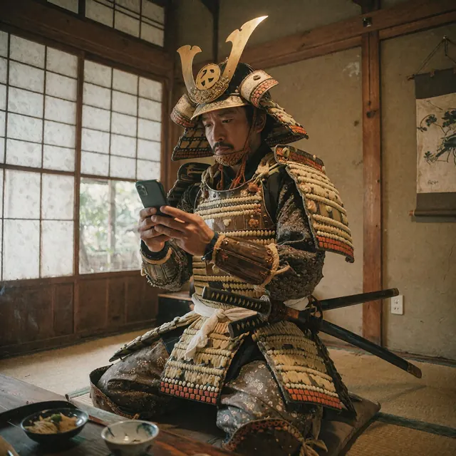 Edo samurai with iPhone