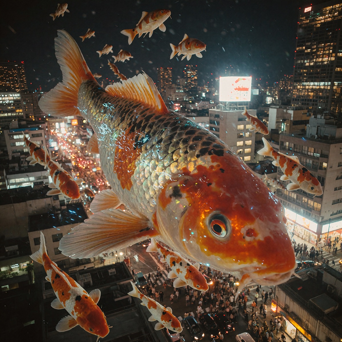 Giant koi flying over Tokyo