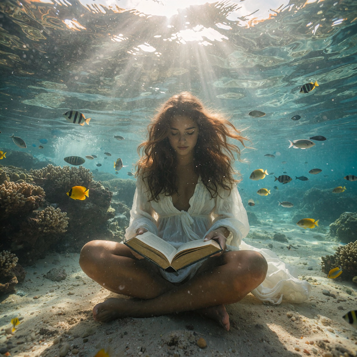Reading a book on the ocean floor